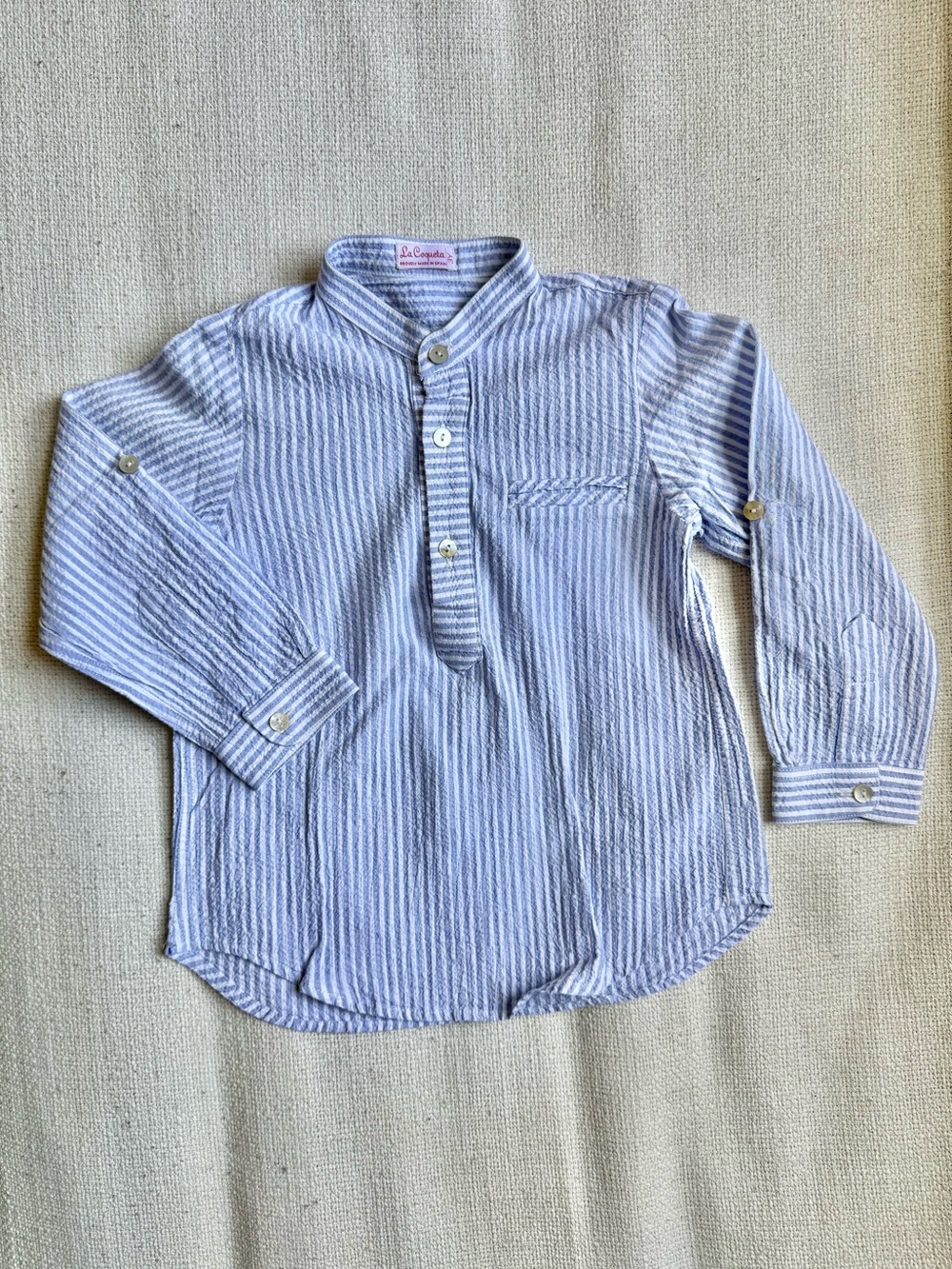 La Coqueta Blue & White Seersucker Stripe Mandarin Collar Shirt, 4T